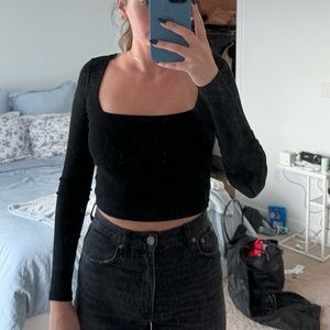 BLACK zara SQUARE NECK LONG SLEEVE BLACK CROP TOP